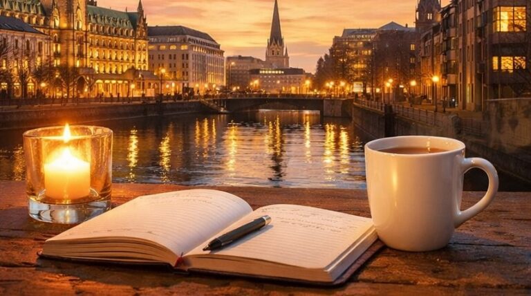 KI-generiertes Bild, Kleine Alster mit Hamburger Rathaus und Schreibuntensilien